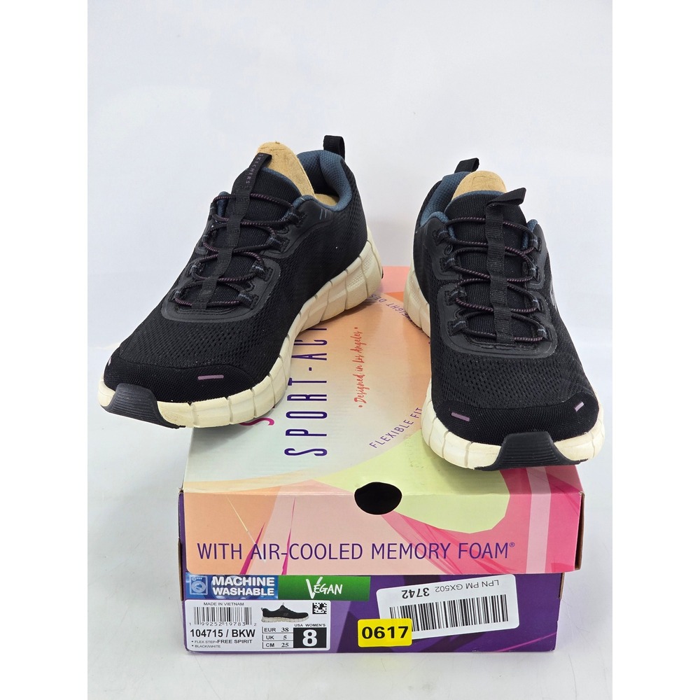 Skechers Flex Step-Free Spirit Women 8 Black White Sneakers 104715 - Excellent